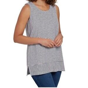 Lands' End Women's Split Hem Tank Top, White / Black Stripes, Medium